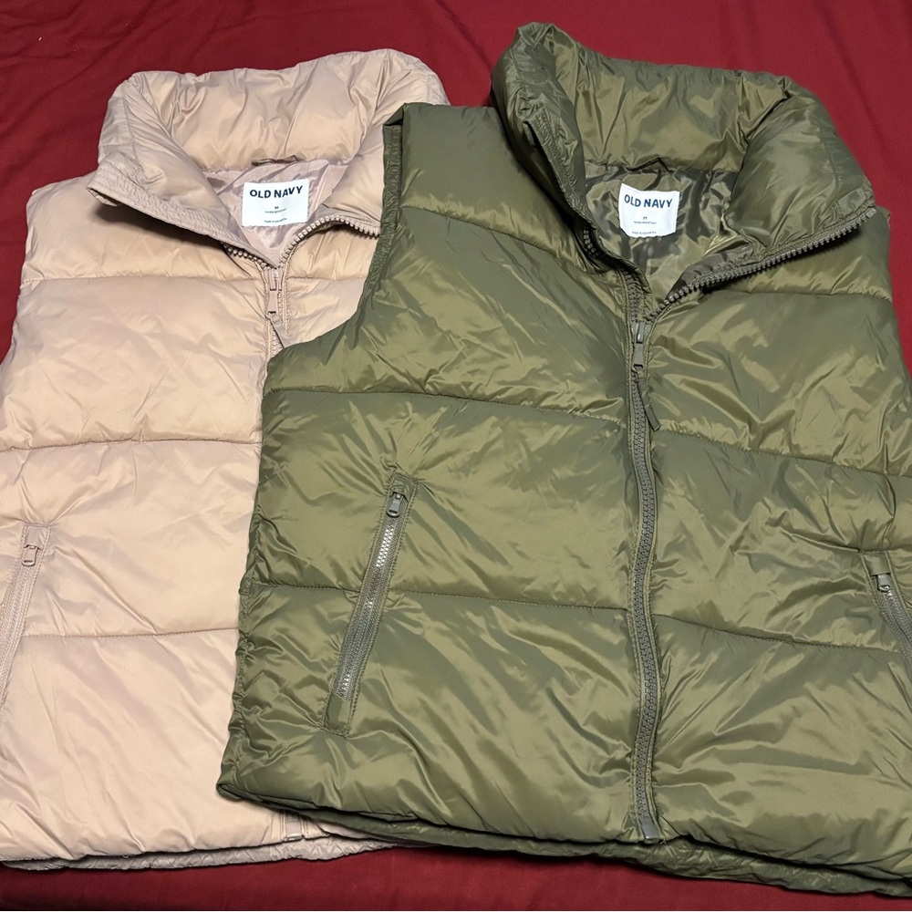 Set of 2 Like New Old Navy Puffer Vests - Olive Green and Dusty Pink